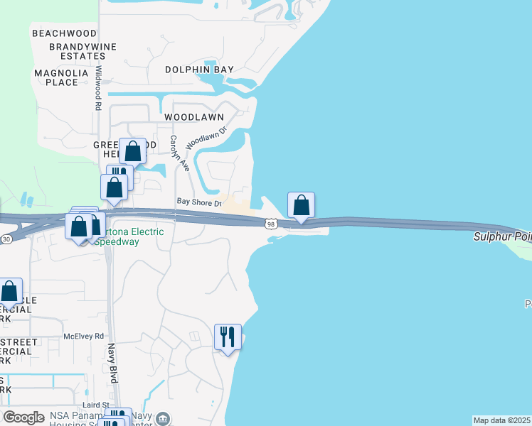 map of restaurants, bars, coffee shops, grocery stores, and more near 6426 US Highway 98 in Panama City Beach