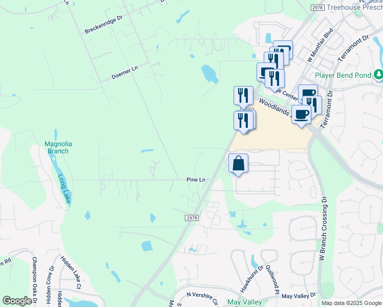 map of restaurants, bars, coffee shops, grocery stores, and more near 30045 Farm to Market Road 2978 in Magnolia