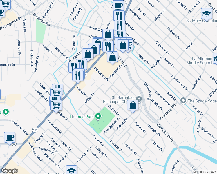 map of restaurants, bars, coffee shops, grocery stores, and more near 300 Newcastle Drive in Lafayette