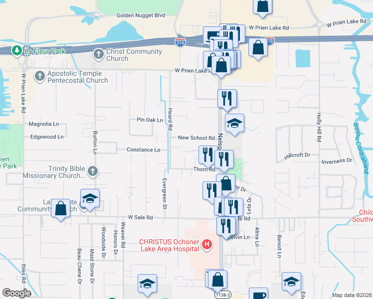 map of restaurants, bars, coffee shops, grocery stores, and more near 1828 Sarah Lane in Lake Charles
