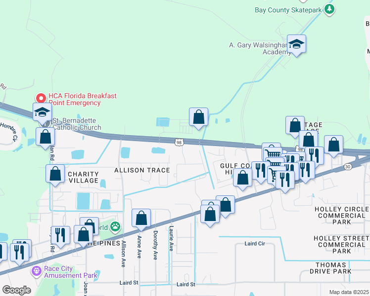 map of restaurants, bars, coffee shops, grocery stores, and more near 8501 Panama City Beach Parkway in Panama City Beach