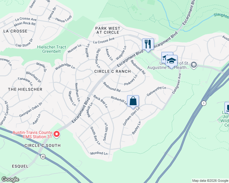 map of restaurants, bars, coffee shops, grocery stores, and more near 10837 Redmond Road in Austin