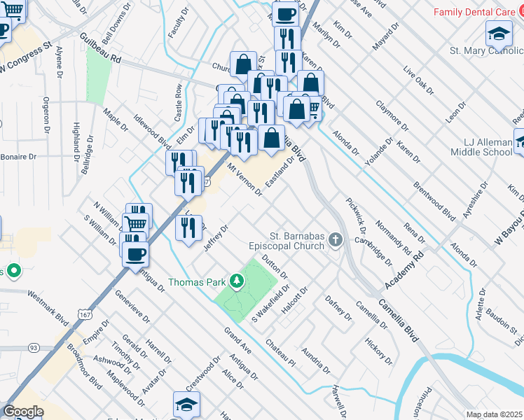 map of restaurants, bars, coffee shops, grocery stores, and more near 300 Newcastle Drive in Lafayette