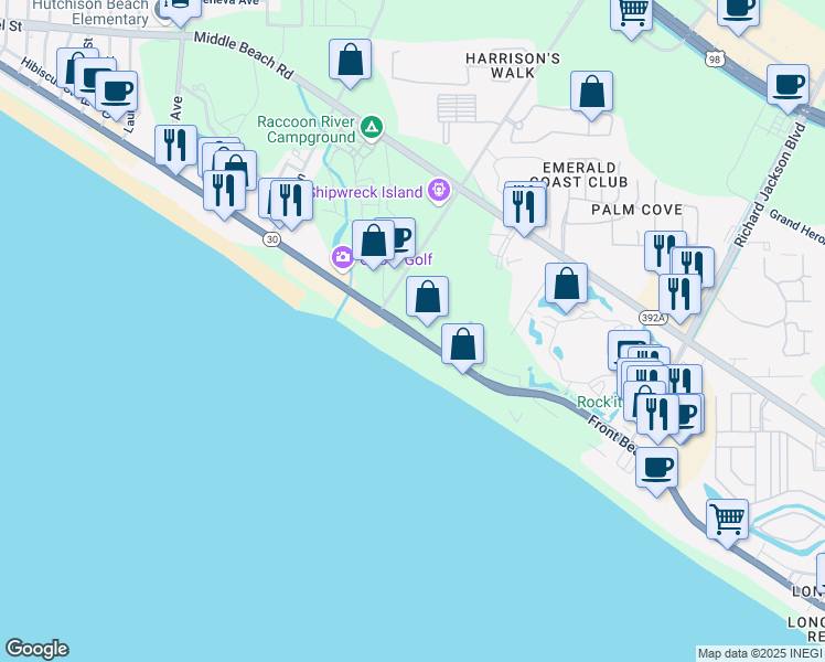 map of restaurants, bars, coffee shops, grocery stores, and more near 11964 Front Beach Road in Panama City Beach