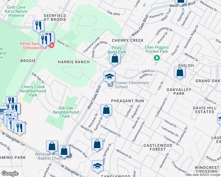 map of restaurants, bars, coffee shops, grocery stores, and more near 2817 Kentish Drive in Austin