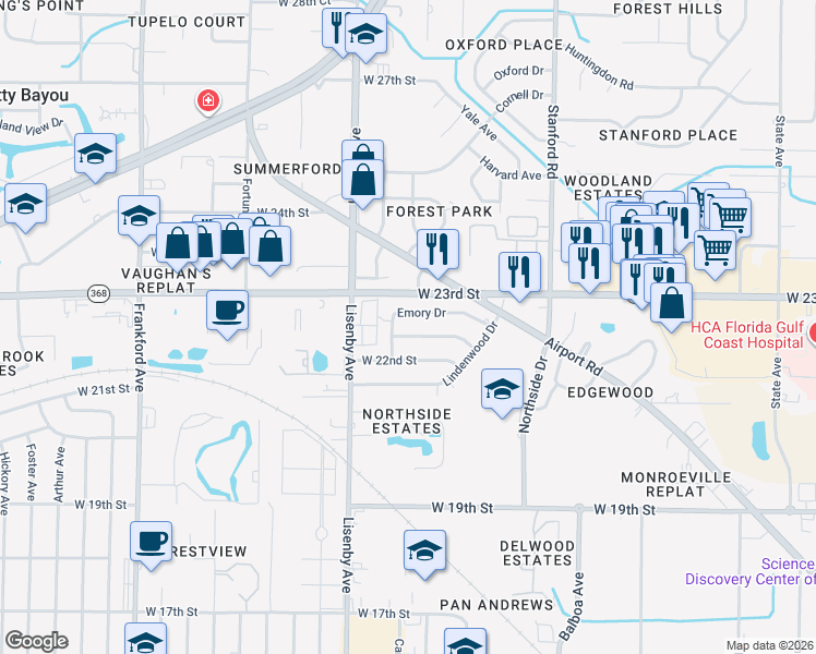 map of restaurants, bars, coffee shops, grocery stores, and more near 1221 Emory Drive in Panama City