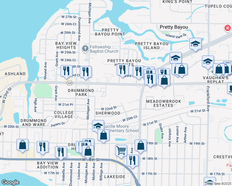 map of restaurants, bars, coffee shops, grocery stores, and more near 3325 West 23rd Street in Panama City