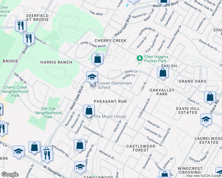map of restaurants, bars, coffee shops, grocery stores, and more near 8908 Creekmont Cove in Austin