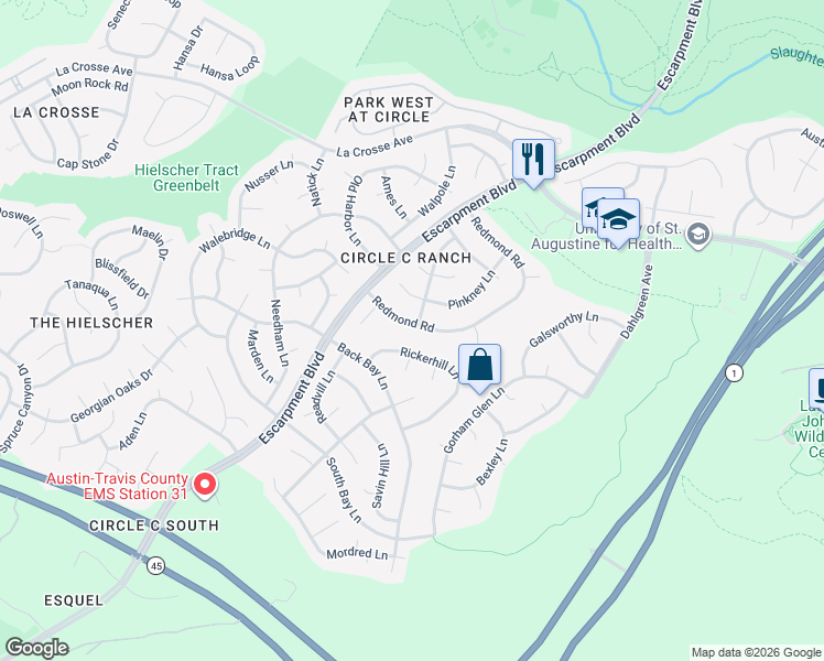 map of restaurants, bars, coffee shops, grocery stores, and more near 10837 Redmond Road in Austin