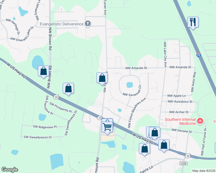 map of restaurants, bars, coffee shops, grocery stores, and more near 6794-6798 Old South Drive in Lake City