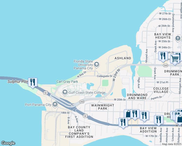 map of restaurants, bars, coffee shops, grocery stores, and more near 4915 North Bay Drive in Panama City
