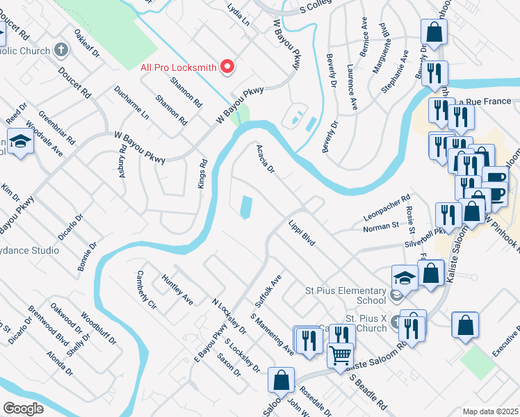 map of restaurants, bars, coffee shops, grocery stores, and more near in Lafayette Parish