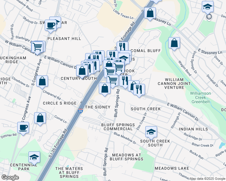 map of restaurants, bars, coffee shops, grocery stores, and more near 6607 South Interstate 35 Frontage Road in Austin