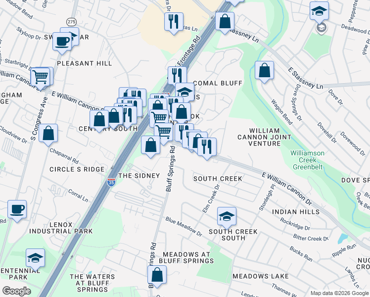 map of restaurants, bars, coffee shops, grocery stores, and more near 1805 E William Cannon Dr in Austin