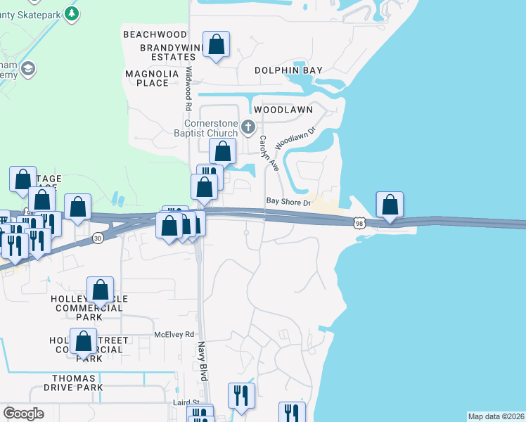 map of restaurants, bars, coffee shops, grocery stores, and more near 11771 Florida 30 in Panama City Beach