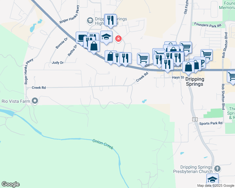 map of restaurants, bars, coffee shops, grocery stores, and more near 385 Creek Road in Dripping Springs