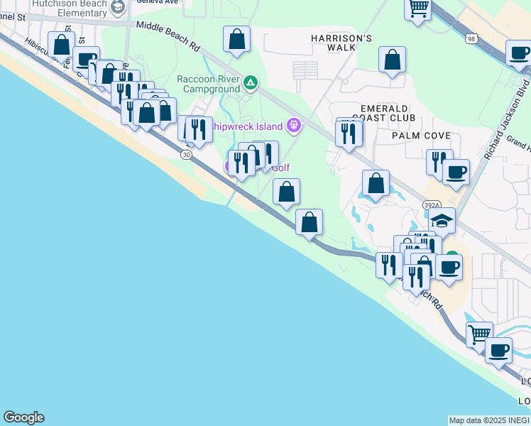 map of restaurants, bars, coffee shops, grocery stores, and more near 12011 Front Beach Road in Panama City Beach