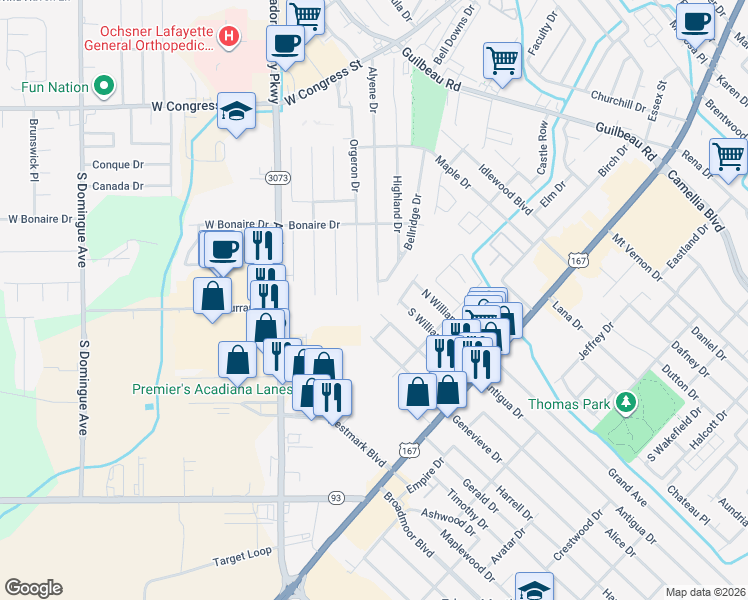 map of restaurants, bars, coffee shops, grocery stores, and more near 323 Orgeron Drive in Lafayette
