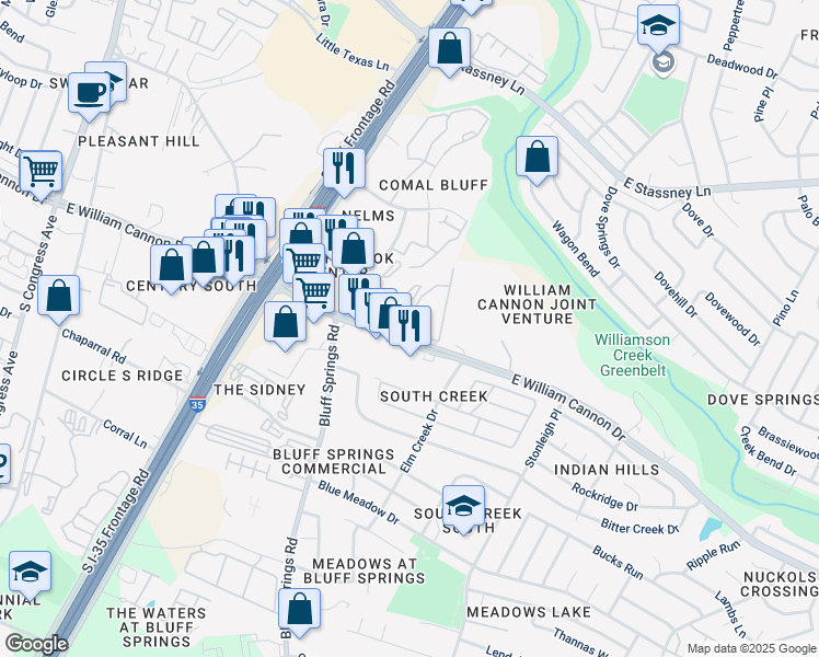 map of restaurants, bars, coffee shops, grocery stores, and more near 1912 East William Cannon Drive in Austin