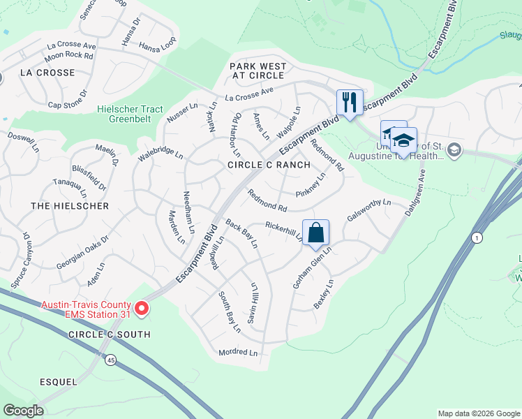 map of restaurants, bars, coffee shops, grocery stores, and more near 10837 Redmond Road in Austin