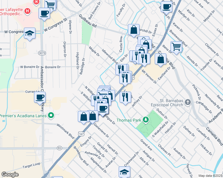 map of restaurants, bars, coffee shops, grocery stores, and more near 4770 Johnston Street in Lafayette