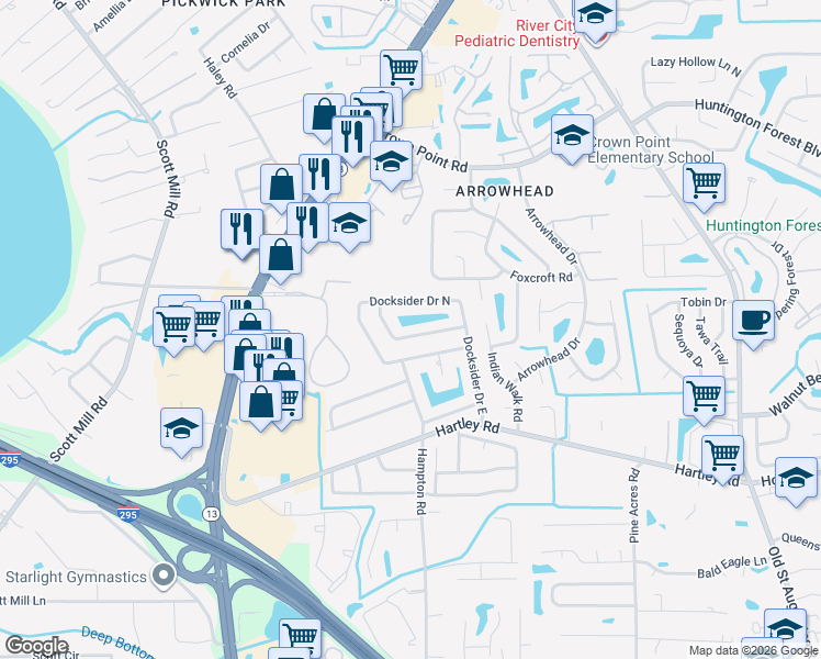 map of restaurants, bars, coffee shops, grocery stores, and more near 3445 Scrimshaw Drive in Jacksonville