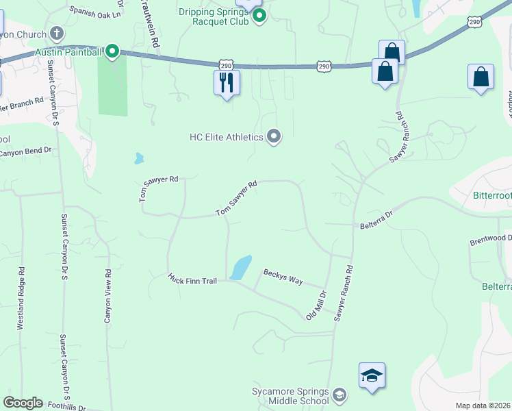 map of restaurants, bars, coffee shops, grocery stores, and more near 138 Hucks Hideaway in Dripping Springs
