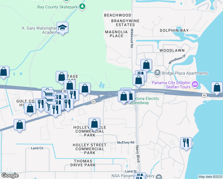 map of restaurants, bars, coffee shops, grocery stores, and more near 1950 Pointe Drive in Panama City Beach