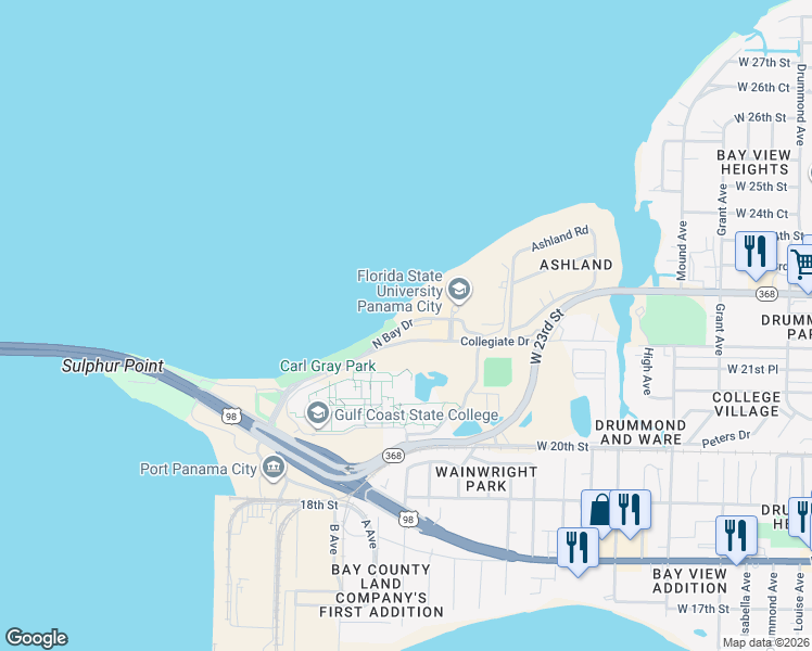 map of restaurants, bars, coffee shops, grocery stores, and more near 4915 North Bay Drive in Panama City