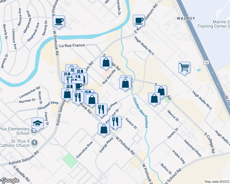 map of restaurants, bars, coffee shops, grocery stores, and more near 300 Rue Beauregard in Lafayette