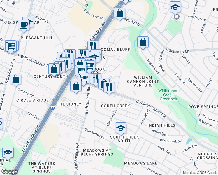 map of restaurants, bars, coffee shops, grocery stores, and more near 1912 East William Cannon Drive in Austin