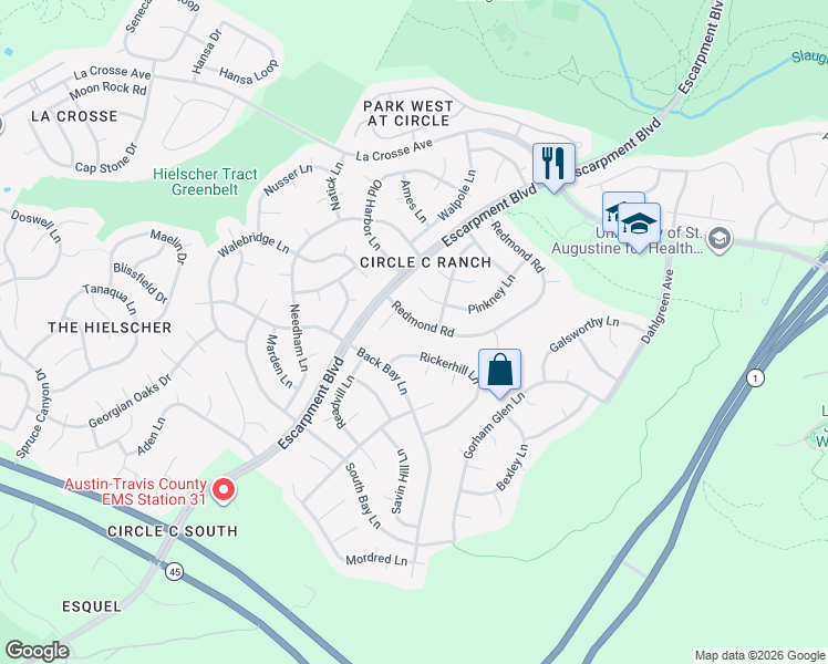 map of restaurants, bars, coffee shops, grocery stores, and more near 10837 Redmond Road in Austin