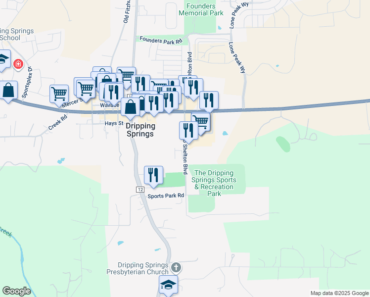map of restaurants, bars, coffee shops, grocery stores, and more near 550 U.S. 290 in Dripping Springs