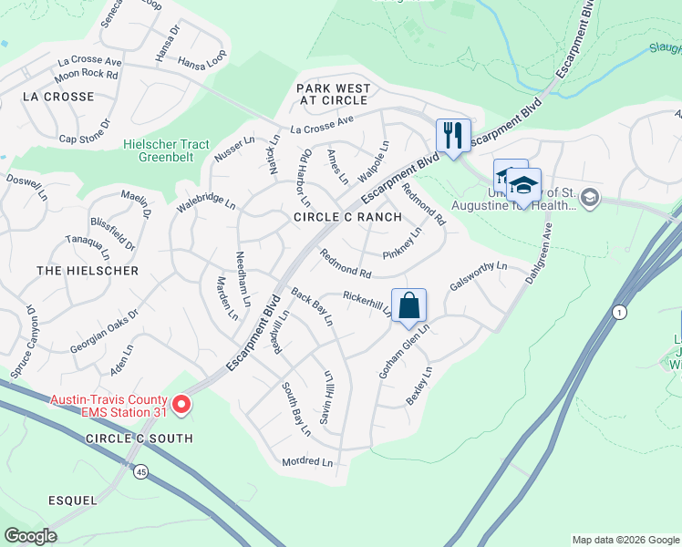 map of restaurants, bars, coffee shops, grocery stores, and more near 10837 Redmond Road in Austin