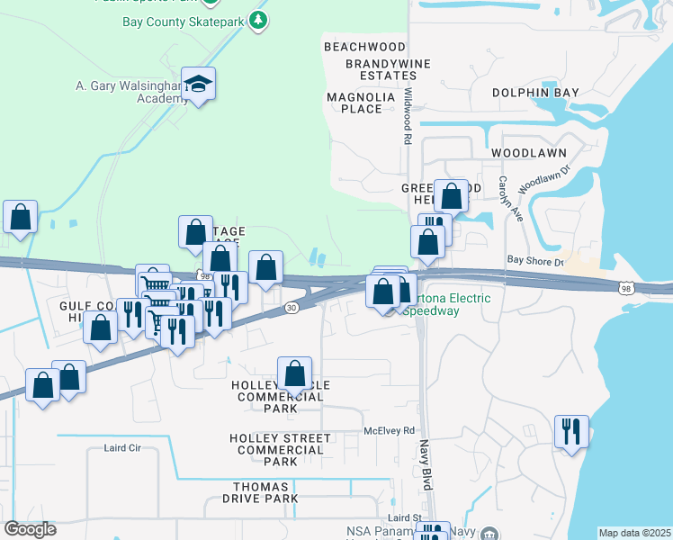 map of restaurants, bars, coffee shops, grocery stores, and more near 7202 U.S. 98 in Panama City Beach