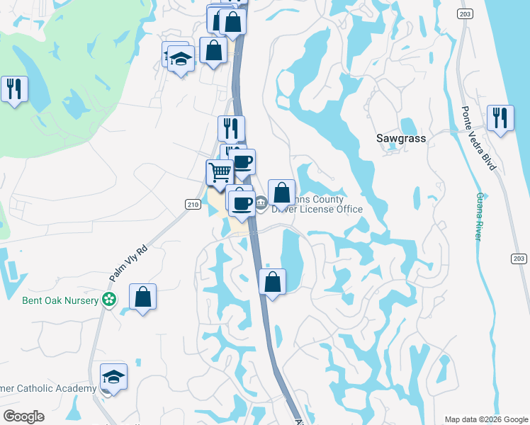 map of restaurants, bars, coffee shops, grocery stores, and more near 151 Sawgrass Corners Drive in Ponte Vedra Beach