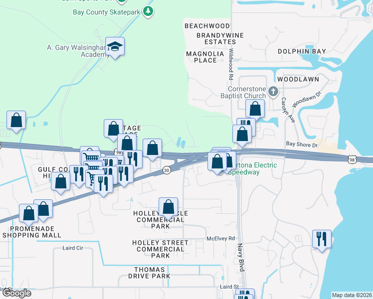 map of restaurants, bars, coffee shops, grocery stores, and more near 7202 U.S. 98 in Panama City Beach
