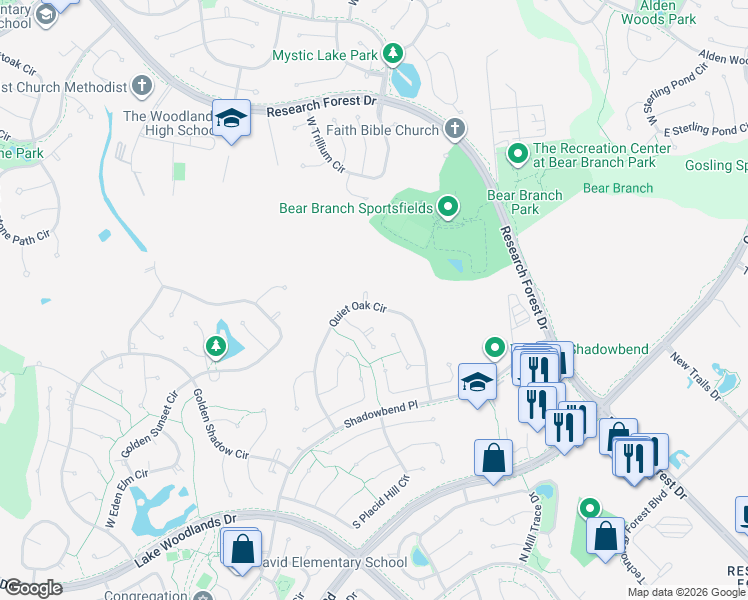map of restaurants, bars, coffee shops, grocery stores, and more near 6 Quiet Oak Drive in Spring
