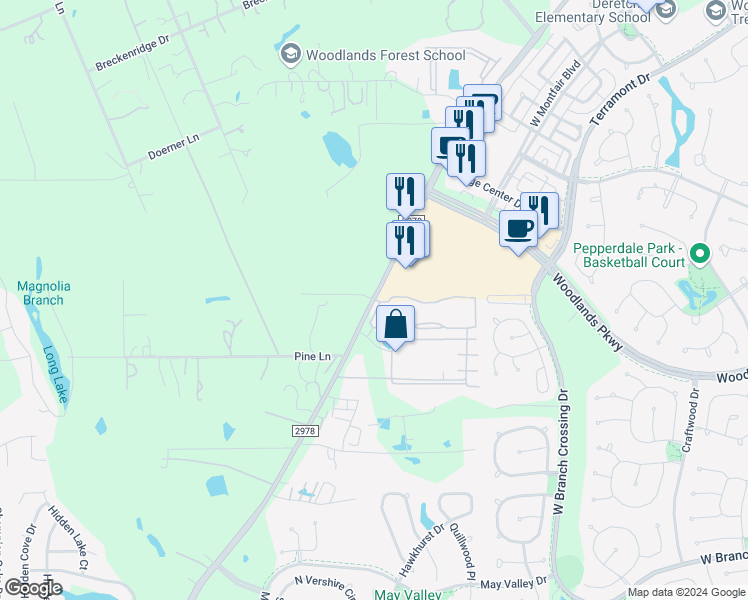 map of restaurants, bars, coffee shops, grocery stores, and more near 30000 Farm to Market Road 2978 in Magnolia