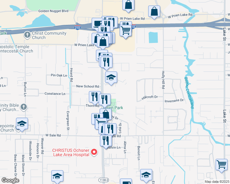 map of restaurants, bars, coffee shops, grocery stores, and more near 3741 Nelson Road in Lake Charles