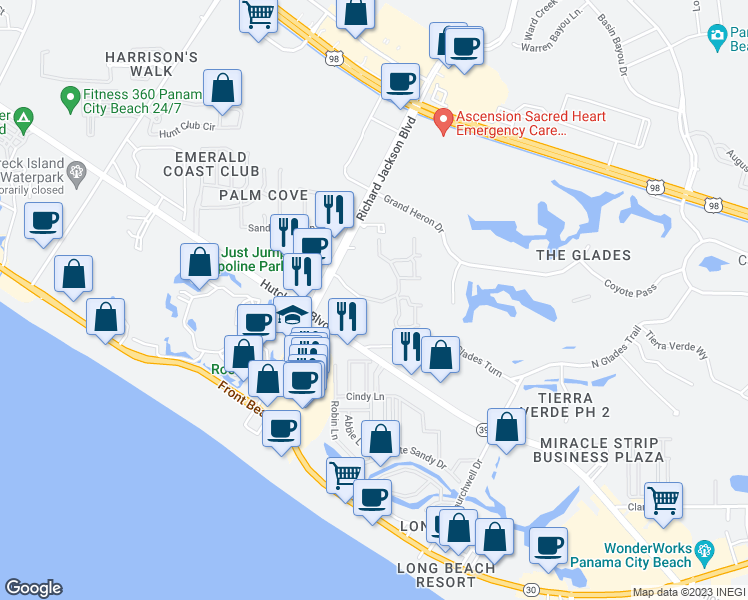 map of restaurants, bars, coffee shops, grocery stores, and more near 1998 Paddock Club Drive in Panama City Beach