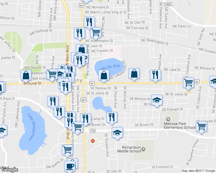 map of restaurants, bars, coffee shops, grocery stores, and more near 318 East Duval Street in Lake City