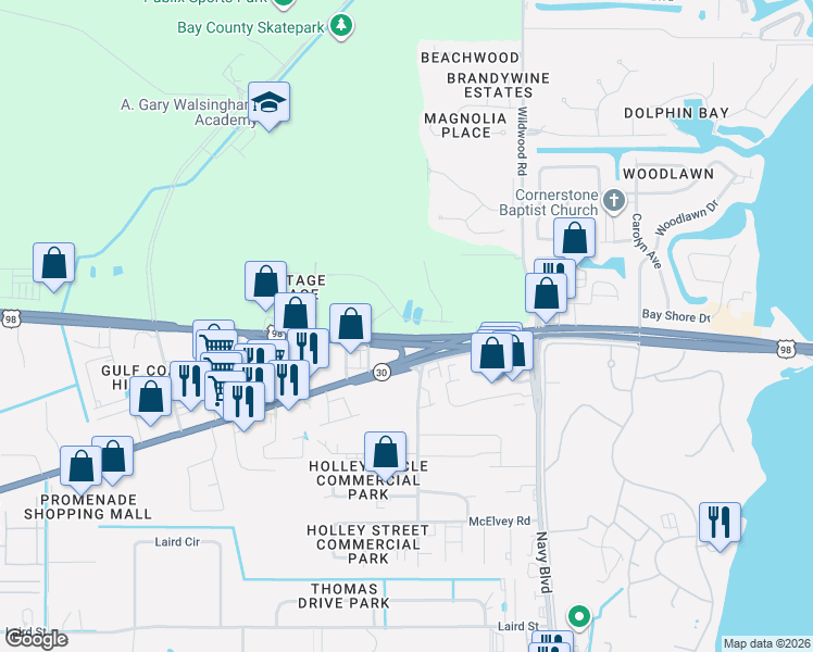 map of restaurants, bars, coffee shops, grocery stores, and more near 7202 U.S. 98 in Panama City Beach