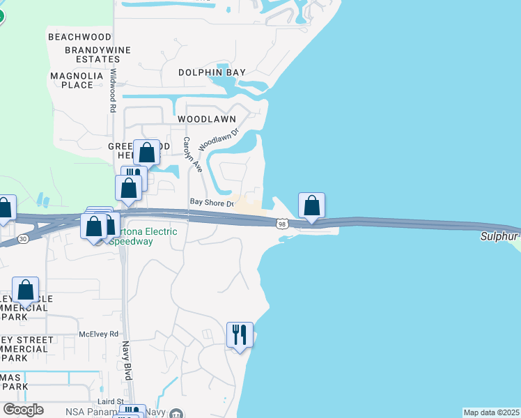 map of restaurants, bars, coffee shops, grocery stores, and more near 312 Bay Shore Drive in Panama City Beach