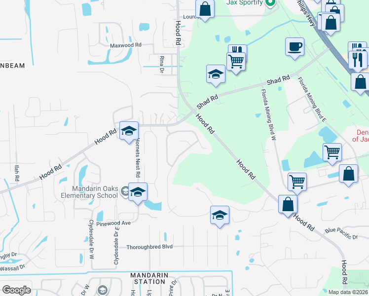 map of restaurants, bars, coffee shops, grocery stores, and more near 10308 Marble Egret Drive in Jacksonville