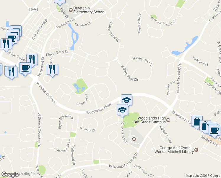 map of restaurants, bars, coffee shops, grocery stores, and more near 51 North Seasons Trace Circle in The Woodlands