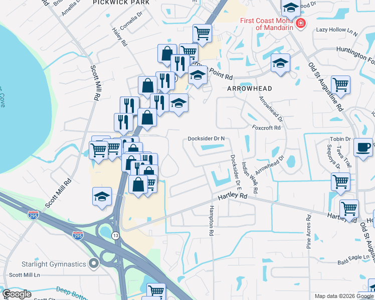 map of restaurants, bars, coffee shops, grocery stores, and more near 10439 Docksider Drive South in Jacksonville