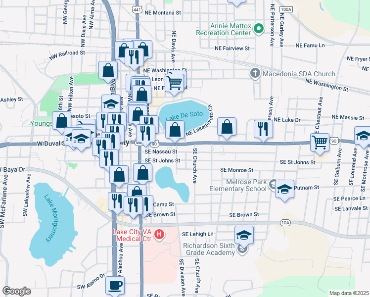 map of restaurants, bars, coffee shops, grocery stores, and more near 318 East Duval Street in Lake City