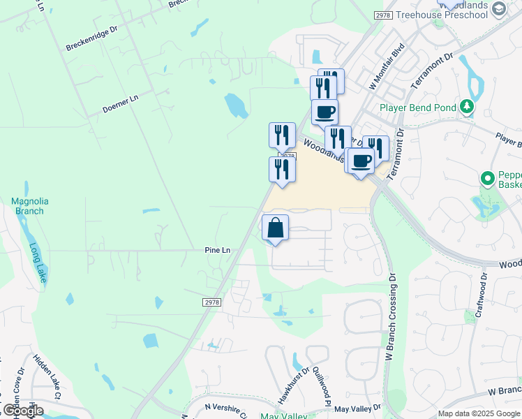 map of restaurants, bars, coffee shops, grocery stores, and more near 30110 Farm to Market Road 2978 in Spring
