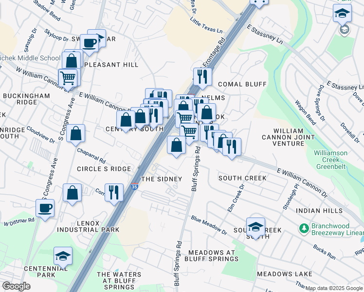 map of restaurants, bars, coffee shops, grocery stores, and more near Unnamed Road in Austin